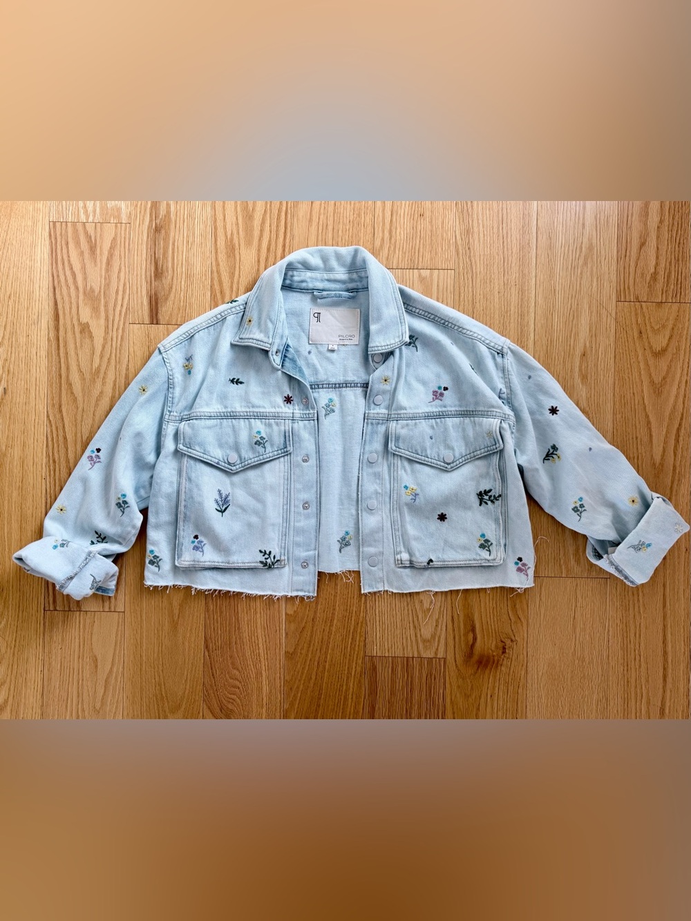 Pilcro Anthropologie Embroidered Floral Cropped Denim Jacket S